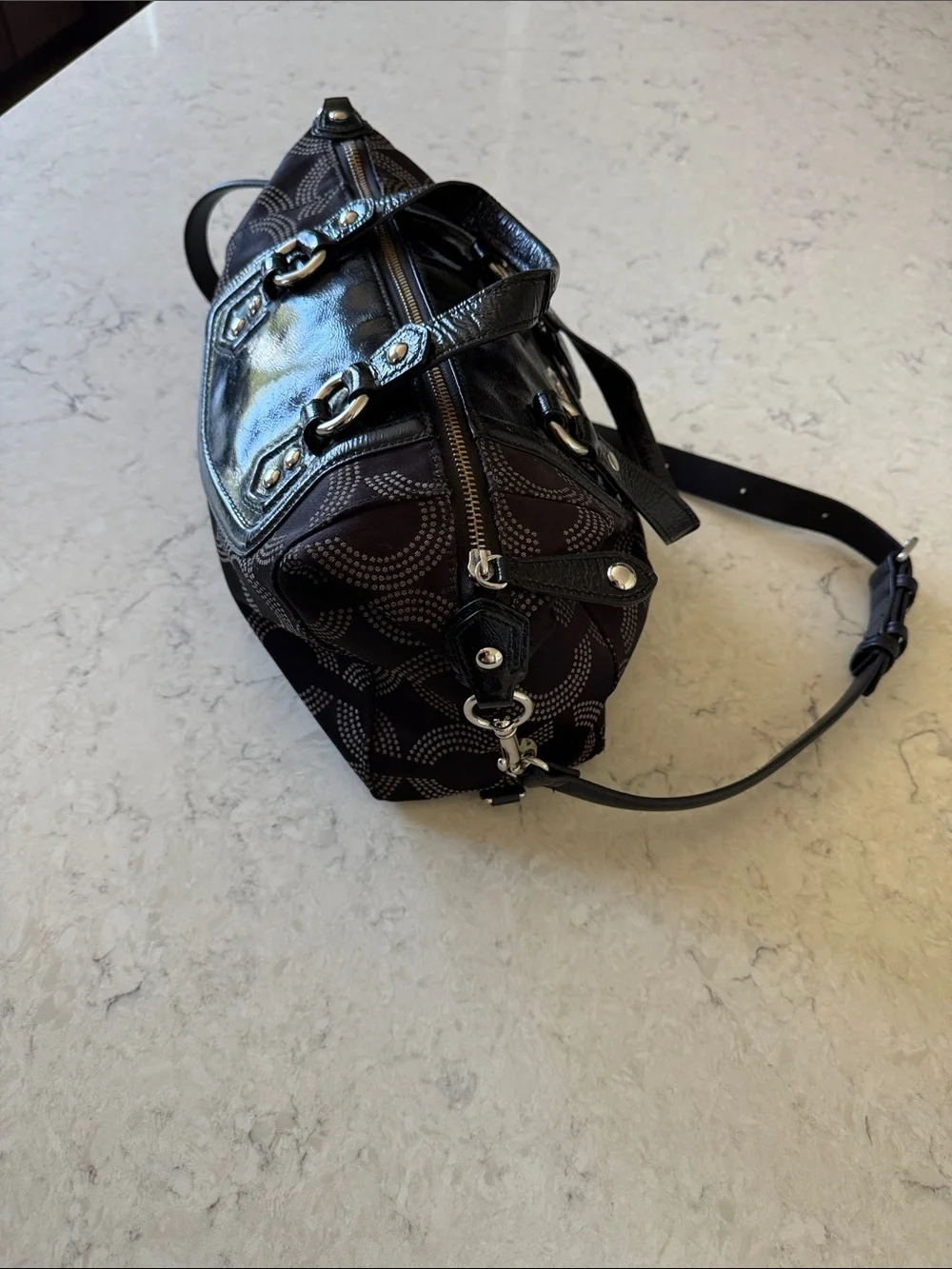 COACH Ashley Op Dot Black Signature Canvas Shoulder Satchel with Leather Trim